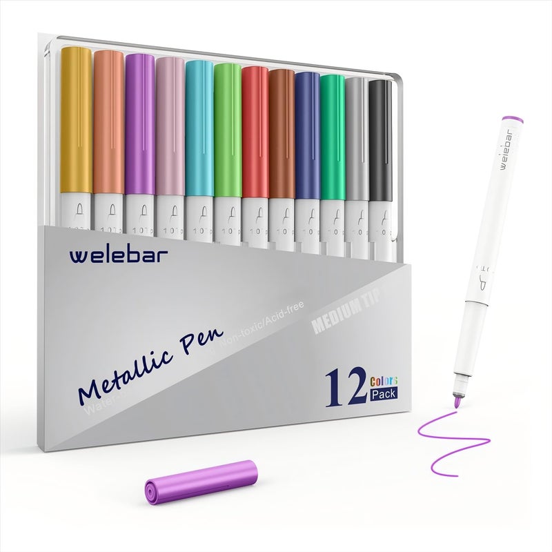 welebar 12 Pack Metallic Pen Set, Compatible with Cricut Maker 3/Maker 4/Maker/Explore 3/Explore 4/Air 2/Air, Metallic Ink Markers for Writing, Drawing, Invitations, Envelope, DIY Crafts - Image 1